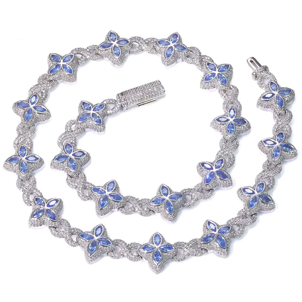 Iced Aqua Blue Clover Link Chain